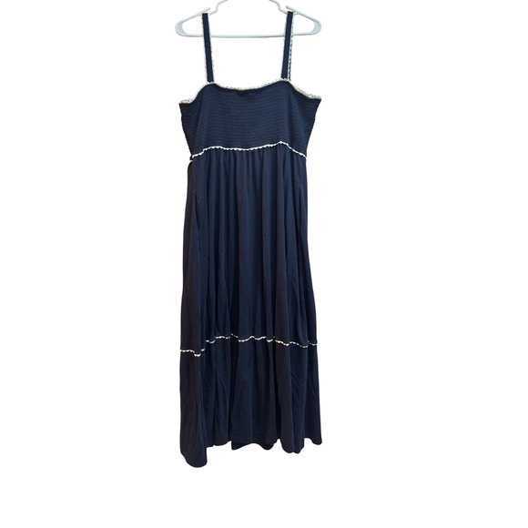 Boden Navy Smocked Trim‎ Maxi  Dress Tiered Ruffle Trim Empire Waist Size 16/18 - Picture 3 of 9